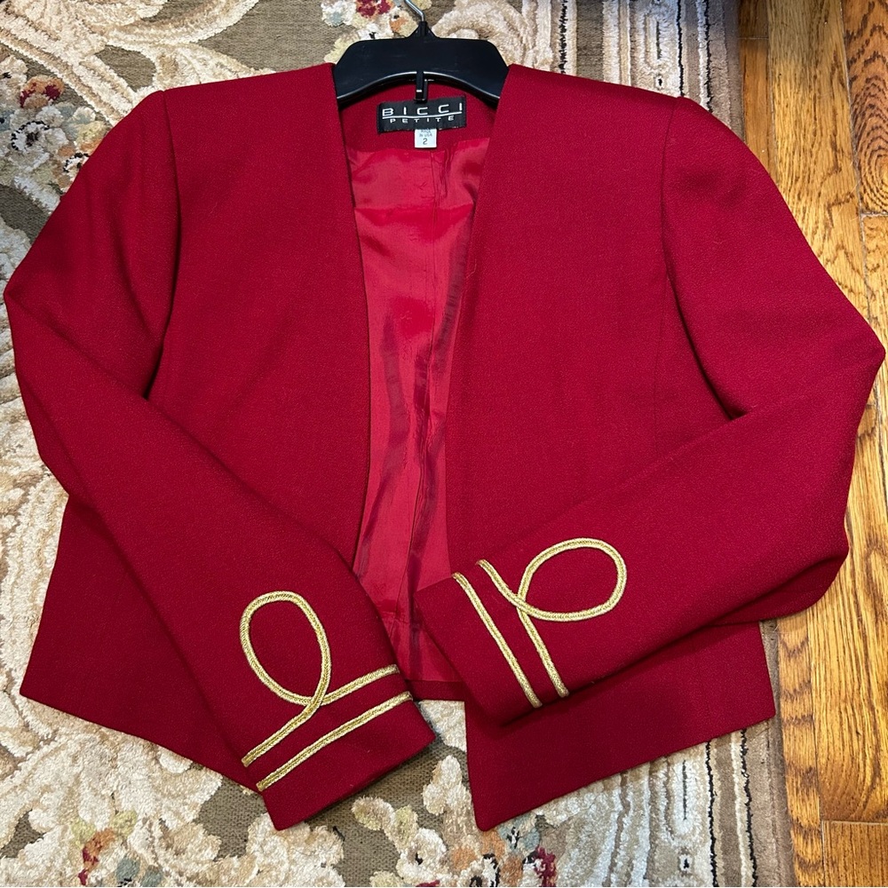 Vintage Bicci Red Gold Embellished Sleeve Trim Open Military Wool Jacket Blazer
